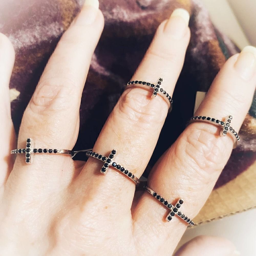 Sterling Silver Black Cz Sideways Cross Ring
